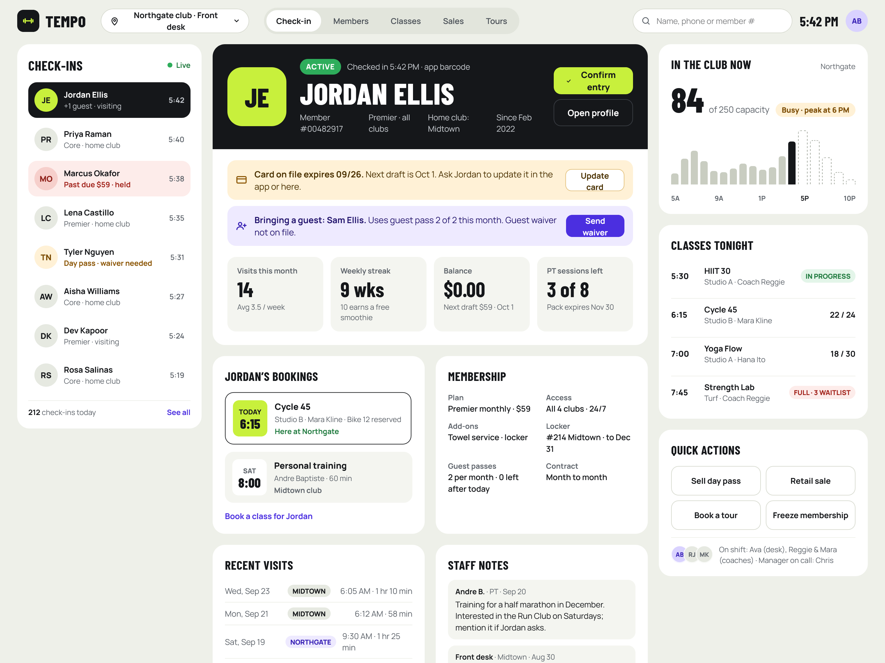 Gym front-desk check-in screen showing a member profile, live check-ins and tonight's classes